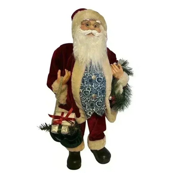 24 Inch Standing Fancy Santa Claus With Blue Paisley Vest Holding Gift & Wreath - Picture 14 of 14